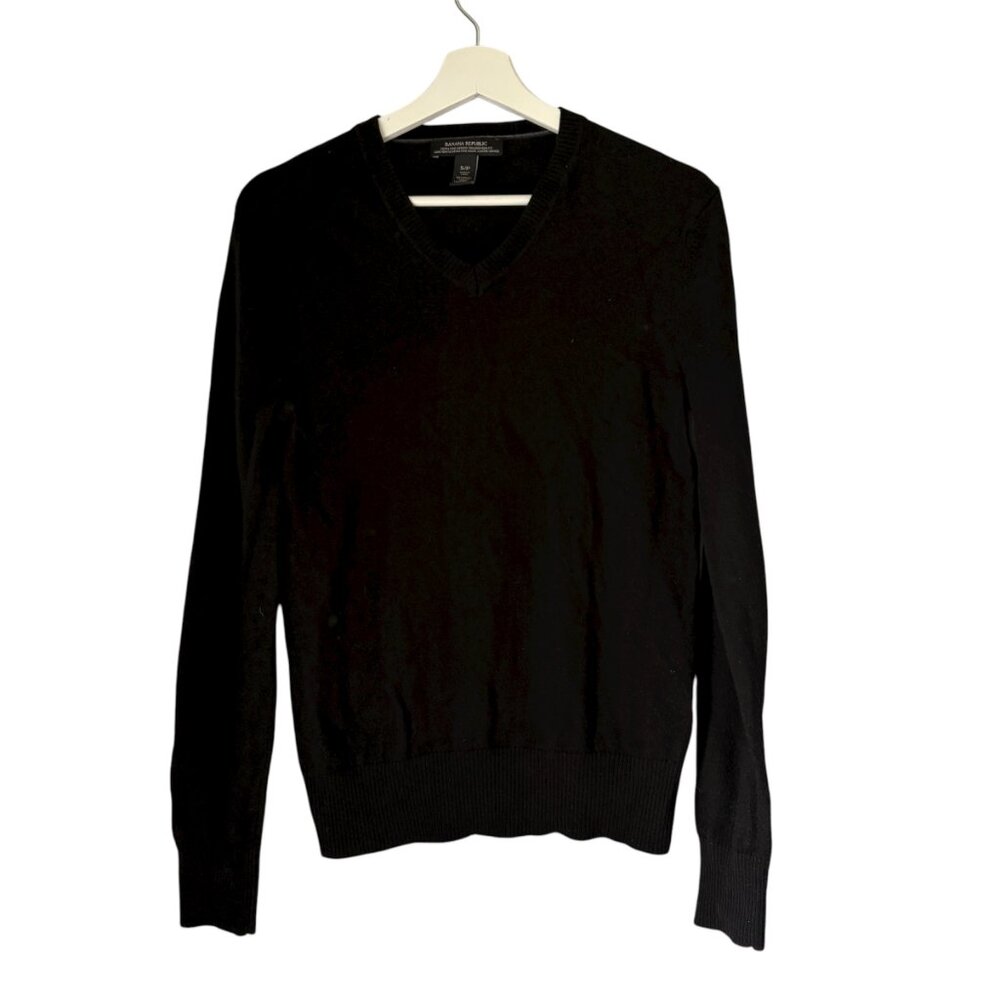 Banana Republic Black V-Neck 100% Merino Wool Sweater Size Small Men's Preppy